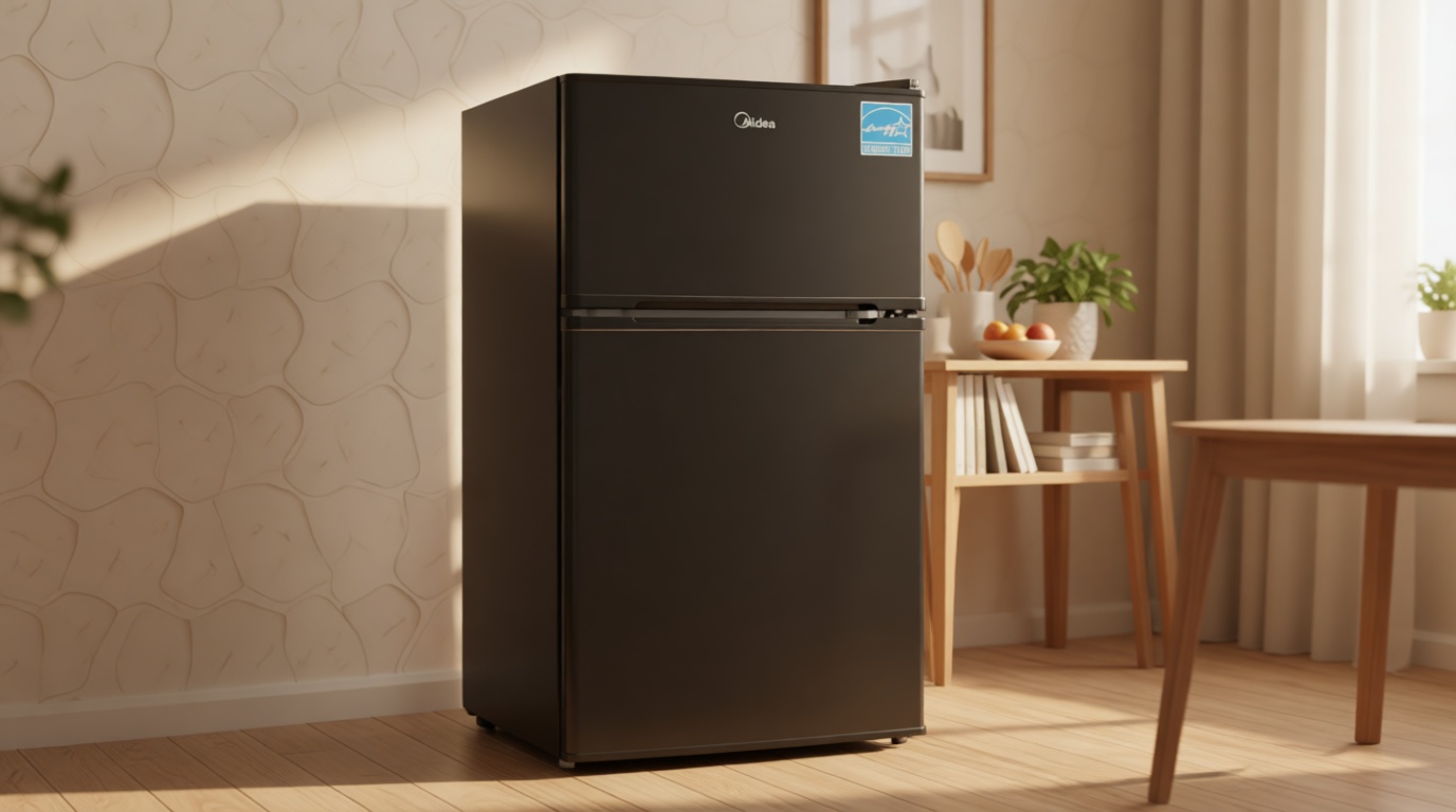 Midea WHD-113FB1 Double Door Mini Fridge with Freezer for Bedroom Office or Dorm with Adjustable Remove Glass Shelves Compact Refrigerator, 3.1 cu ft, Black ENERGY STAR