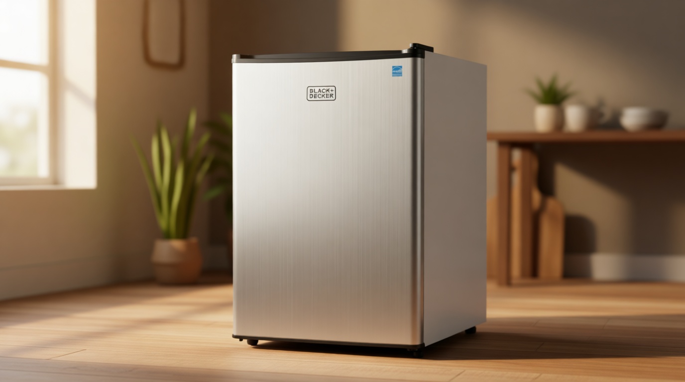 BLACK+DECKER 2.5 Cu. Ft. Compact Refrigerator, ENERGY STAR Certified, Single Door Mini Fridge with Chiller Compartment, Personal Fridge for Home or Dorm Room, R600a Refrigerant, BCRK25V, Stainless Look