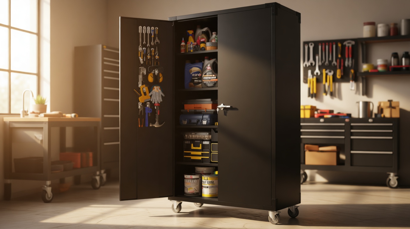 VINGLI Upgraded Wide & Deep Garage Storage Cabinet, Metal Storage Cabinet with Pegboards, Wheels, Locking Doors and Adjustable Shelves (Black, 43''W x 20''D x 72''H)