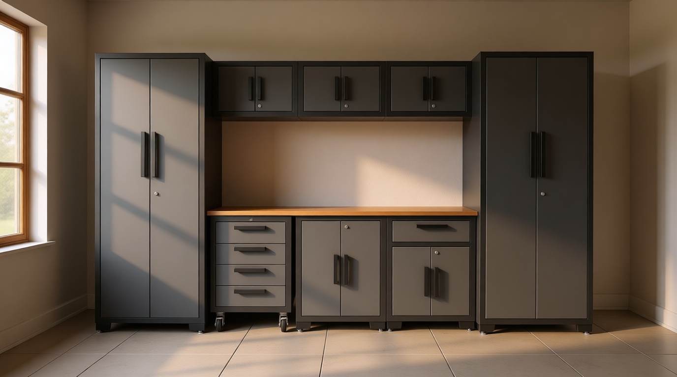 Torin Garage Cabinets Storage System, 9 Piece Included Steel Drawers Rolling Chest,Locked Storage Cabinet, Perfect for Organizing Garage and Tools, 129.92", Black/Grey