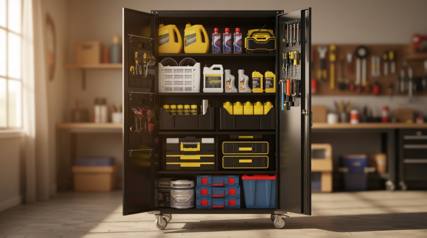 Yeeoy Wide & Deep Metal Garage Storage Cabinet with Pegboard & Adjustable Shelves, Lockable Storage Cabinet with Wheels, Tool Organization Cabinets for Office Garage Shop, 43''W x 22''D x 72''H