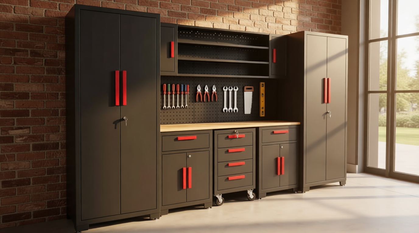 Torin Garage Storage Cabinets System, 8-Pcs Workshop Cabinet Set in Black, Included Steel Cabinets Drawers Rolling Chest and Pegboard,Locked Garage Storage Cabinet
