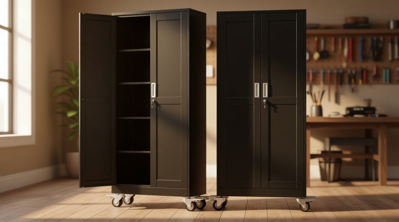 71" Tall Metal Garage Storage Cabinet with Wheels and Locking Doors and Tall Rolling Steel Tool Cabinet with 4 Adjustable Shelves for Garage,Home,Office,Shop (Black)