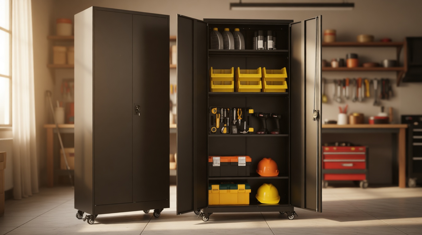 SISESOL Metal Storage Cabinet with Wheels,75 inch Tall Rolling Garage Storage Cabinet with Lock,Black Metal Cabinets with Wheels and Shelves,Deep Heavy Duty Tool Locker for Garage,Home,Office,Shop Recycled Claim Standard Blended