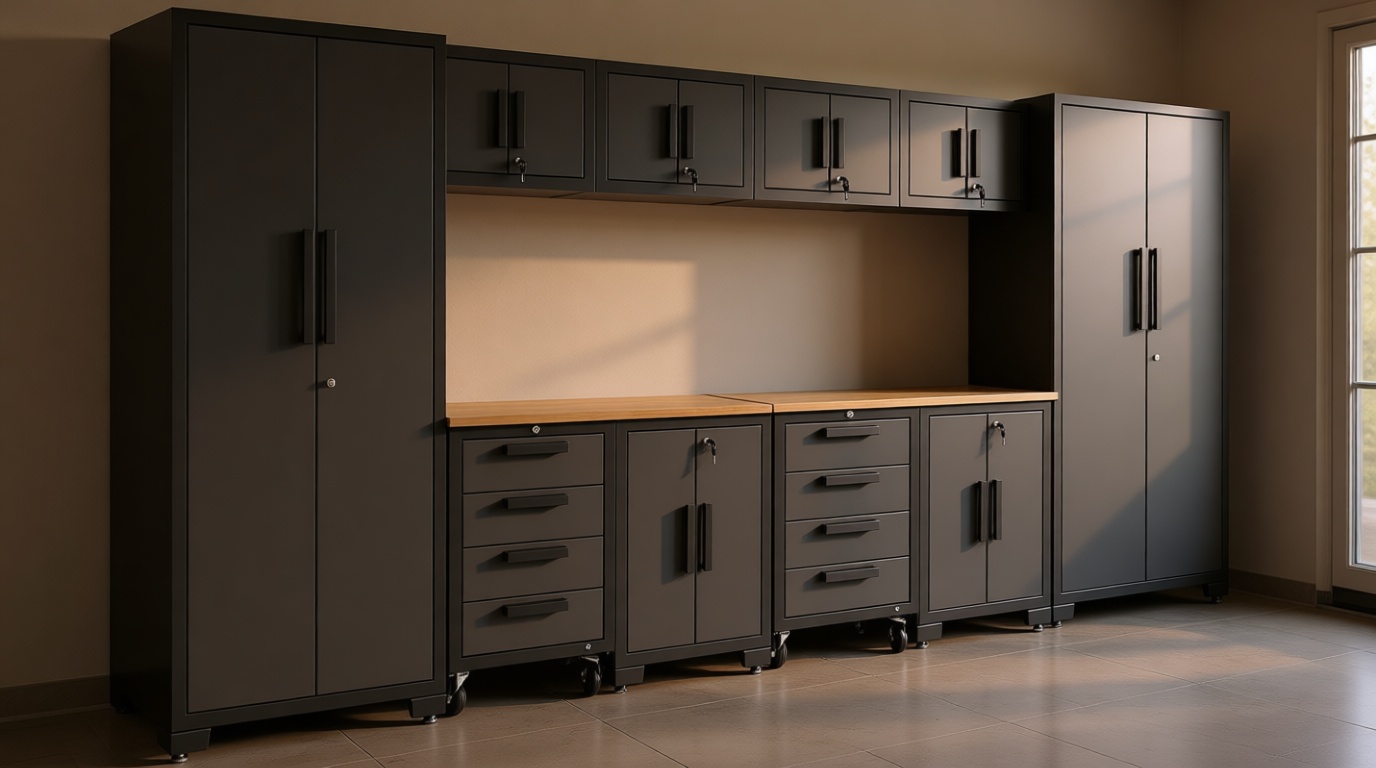 Torin 12 Piece Garage Storage Cabinet Set: Workshop Tool Organizer Chest with Lockers, Shelves and Wood Workbench, Black/Grey