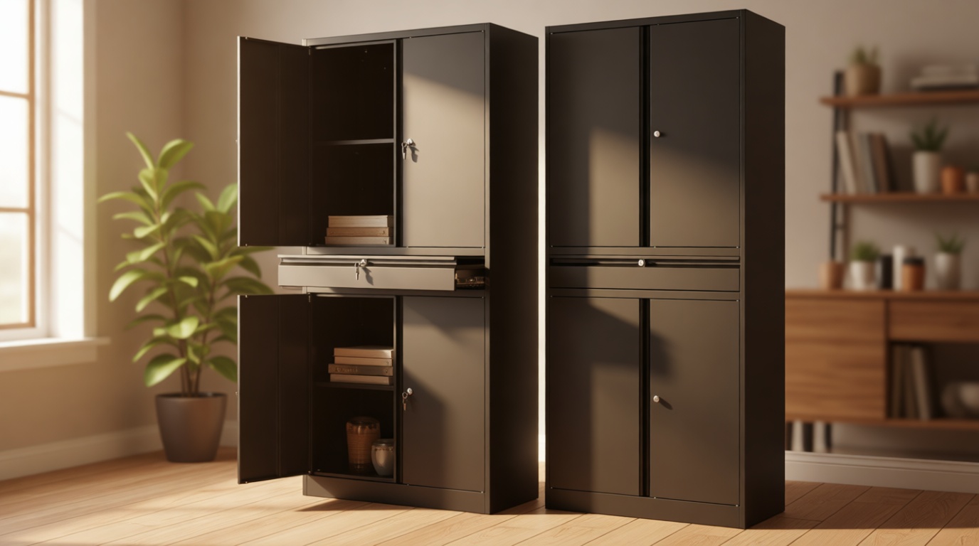 Letaya Metal Garage Storage Cabinet with Drawer,4 Door Tool Cabinet with Lock-2 Adjustable Shelves for Garage Home Office Utility Room (Black) Recycled Claim Standard Blended