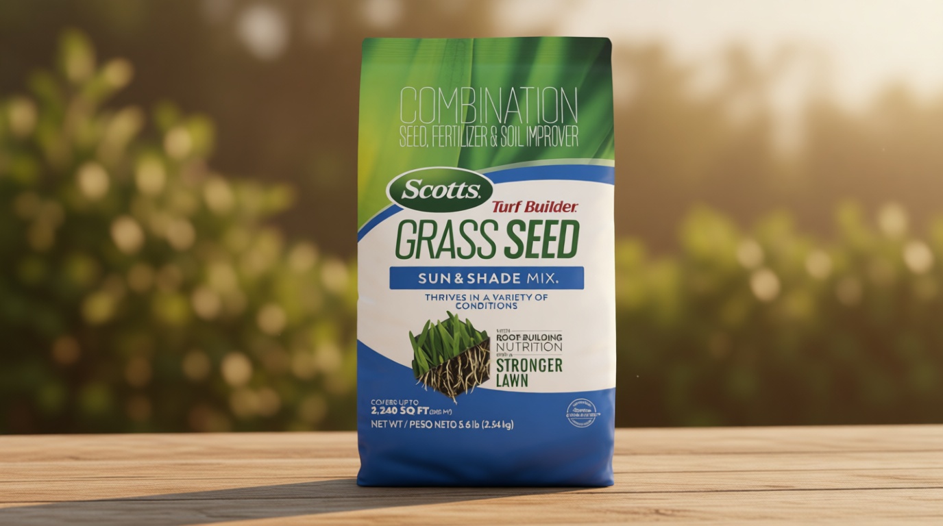 Scotts Turf Builder Grass Seed Sun and Shade Mix - Grass Seed Plus Lawn Fertilizer and Soil Improver, Covers Up to 2,240 sq. ft., 5.6 lb.