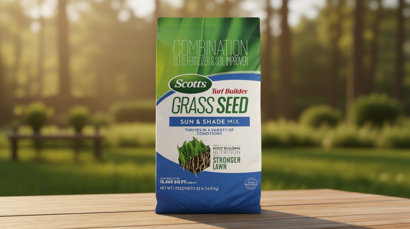 Scotts Turf Builder Grass Seed Sun and Shade Mix - Grass Seed Plus Lawn Fertilizer and Soil Improver, Covers Up to 12,800 sq. ft., 32 lb.