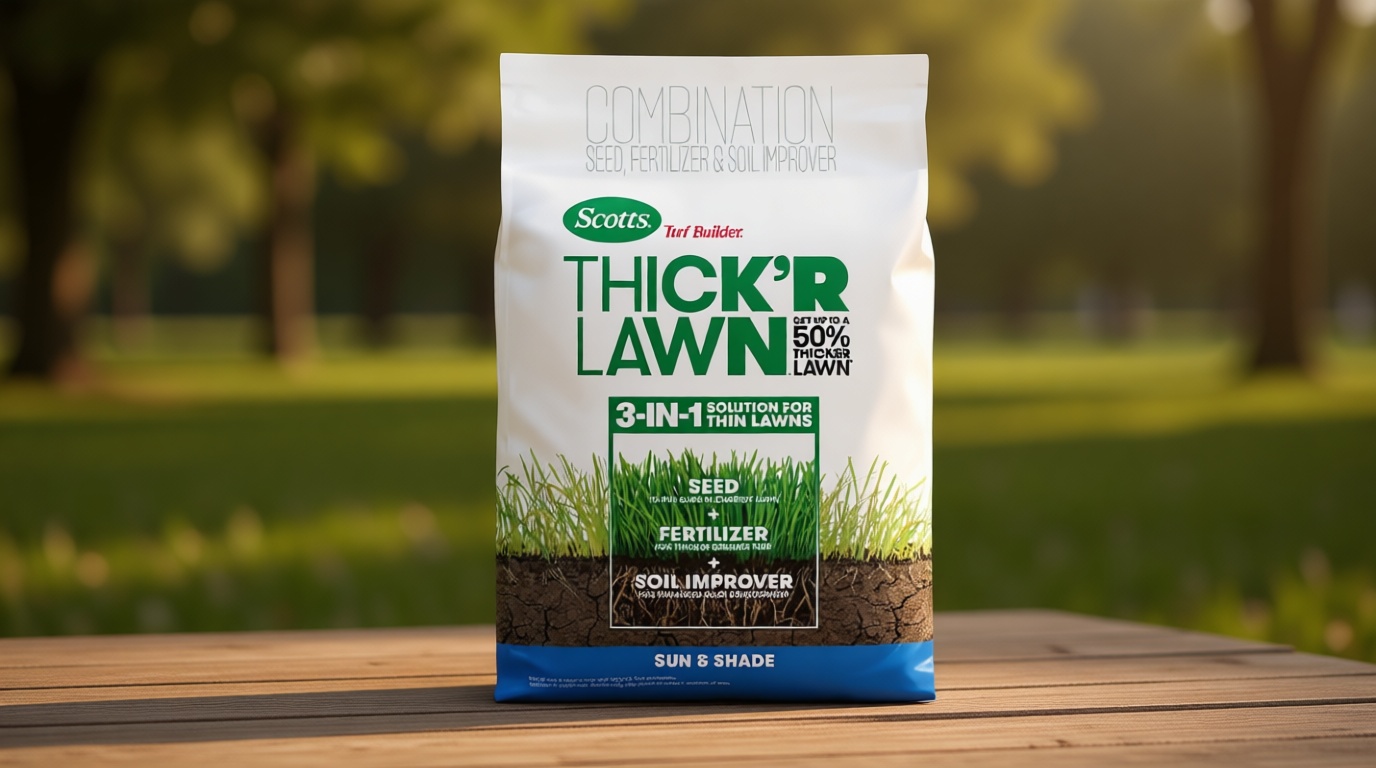Scotts Turf Builder Thick'R Lawn Sun and Shade, 12 lb. - 3-in-1 Solution for Thin Lawns - Combination Seed, Fertilizer and Soil Improver for a Thicker, Greener Lawn - Covers 1,200 sq. ft.