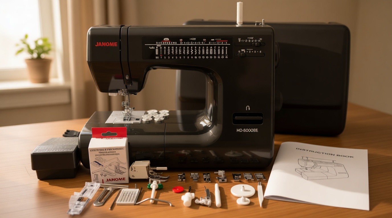 Janome HD-5000 Black Edition Heavy-Duty Sewing Machine with Aluminum Body, 18 Stitches, Free Arm, and Built-In Needle Threader