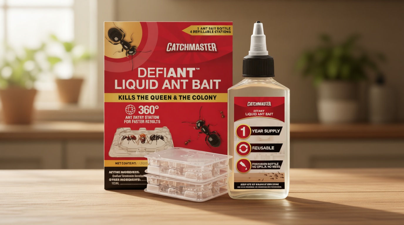 Catchmaster Defiant Premium Liquid Ant Killer, 1-Year Supply, Kills the Queen and Colony, No Mess Precision Bottle, Reusable Ant Traps Indoor & Outdoor, Pest Control Traps, Made in USA