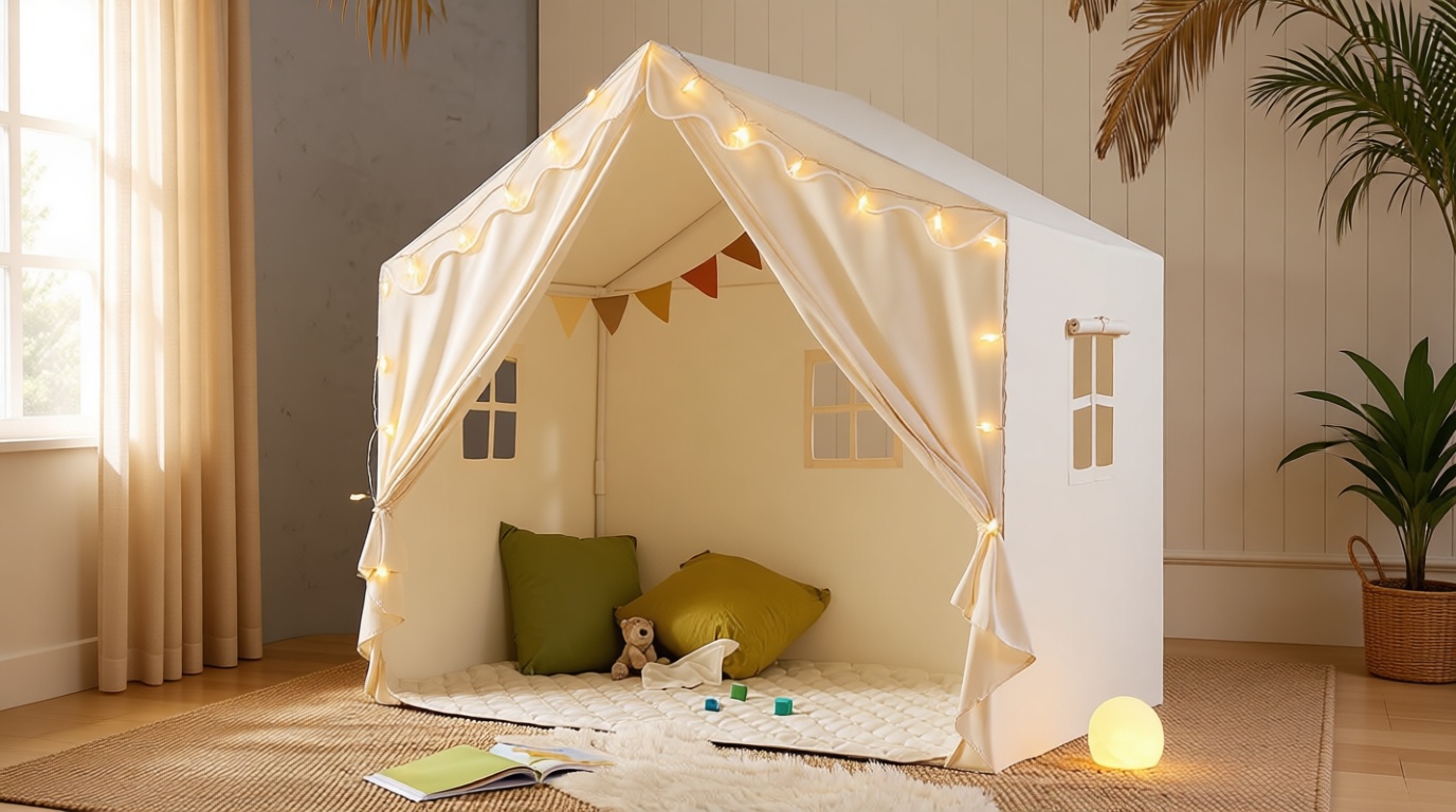 Tiny Land Kids Tent with Mat and Star Lights, Indoor Playhouse for Toddlers, 57"x36"x52" Large Reading Nook for Girls & Boys, Modern Bed Canopy for Kids Room, Teepe Tent Global Recycled Standard The Forest Stewardship Council