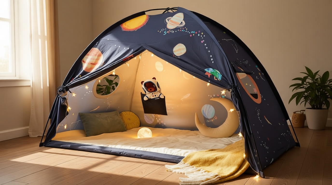Tiny Land Space Galaxy Bed Tent for Kids – Sleep Bed Canopy with 9 Planets Design, Easy-to-Install Indoor Kids Play Tent, Imaginative Playhouse, Ideal Gift for Boys & Girls – 77" x 40" x 46"