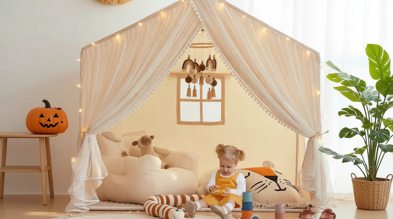 Kids Play Tent with Padded Mat, Kids Tents Indoor Playhouse for Toddler, Large Princess Castle Pompoms Play House Tent for Girl Bed Tents Toys for Boys Girl Birthday House Gift