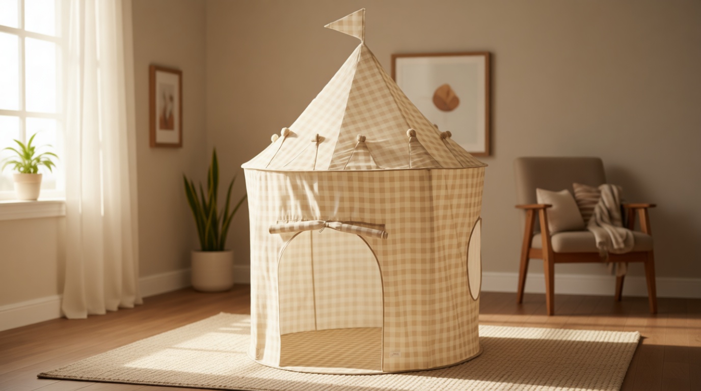 3 Sprouts Kids Play Tent - Sustainable Recycled Fabric – Fun Spacious Childs Playhouse for Indoor Games for Boys & Girls - Durable Fort Pop Up House for Toddlers & Children Age 3-10 - Gingham Beige