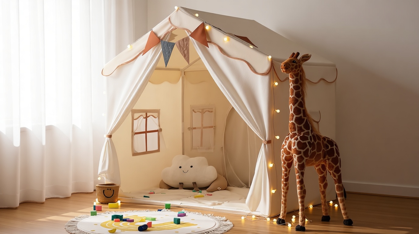 Besrey Kids Play Tent 2 in 1 with Padded Mat and Lights, Large Kids Playhouse with 2 Doors & 4 Windows, Indoor & Outdoor, Toddler Tent for Kids Indoor, 51" x35" x 51"