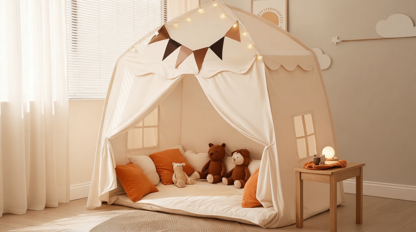 Extra Large Kids Play Tent with Flags & Star Lights, Portable & Foldable Teepee, Boys & Girls, Indoor Outdoor Dome Tent Playhouse, 59x39x59 in, Cream
