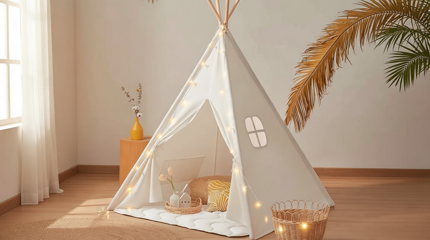 Tiny Land Teepee Tent for Kids – 100% Cotton Play Tent with Padded Mat & Star Lights, Foldable with Carry Bag, Indoor Play Tent for Girls & Boys Global Recycled Standard