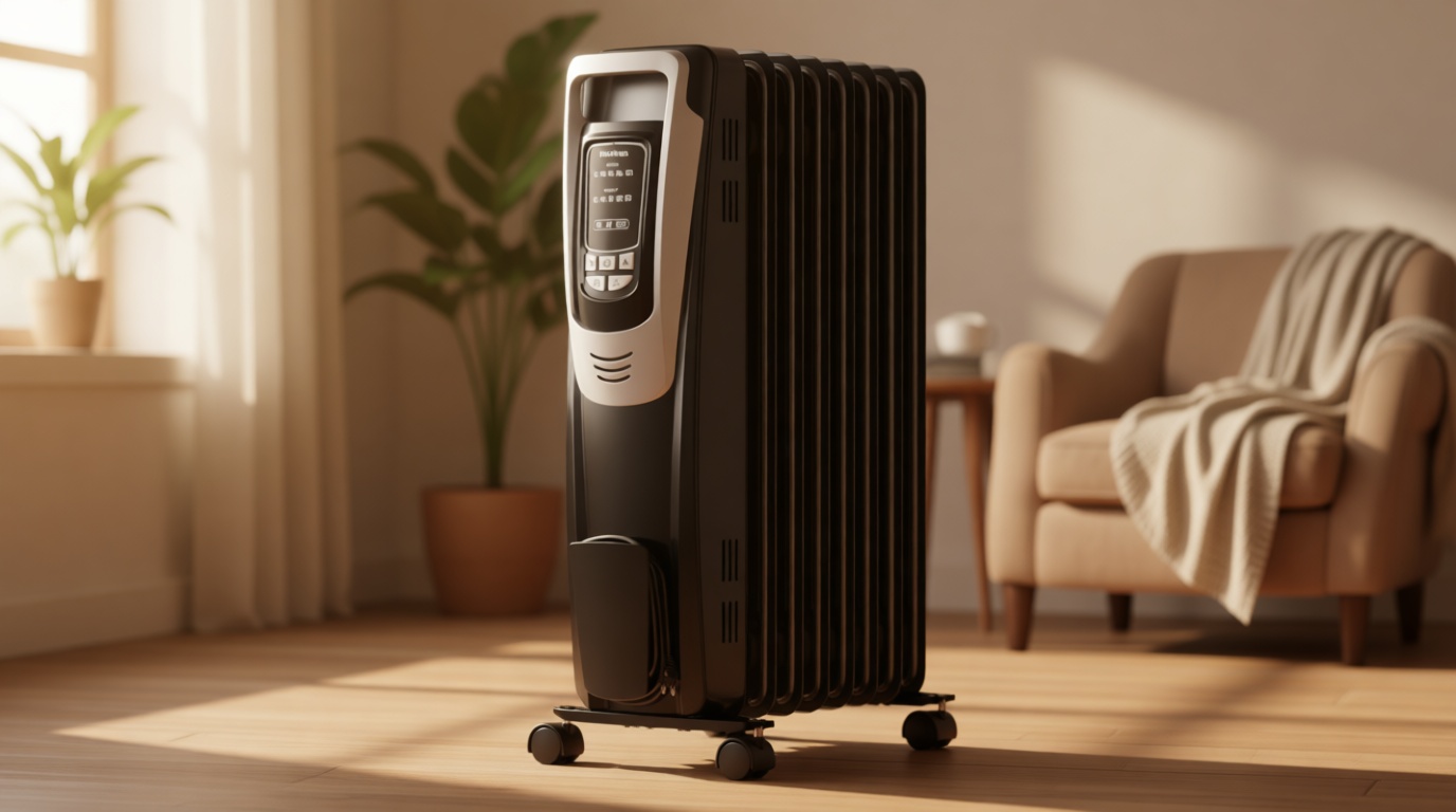 PELONIS Radiator Heater for indoor use Large Room with Remote, Thermostat & LED Display, Quiet Oil Filled Heater with 5 Temperature Settings, Overheat & Tip-Over Protection, Silver