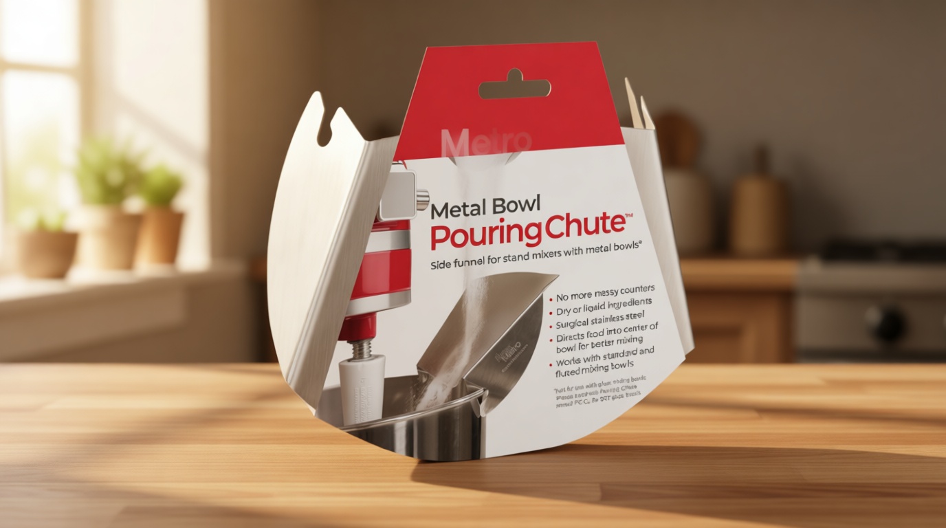 New Metro Design PC-10 Pouring Chute Compatible with KitchenAid Stand Mixer with Stainless Steel Bowl, Silver
