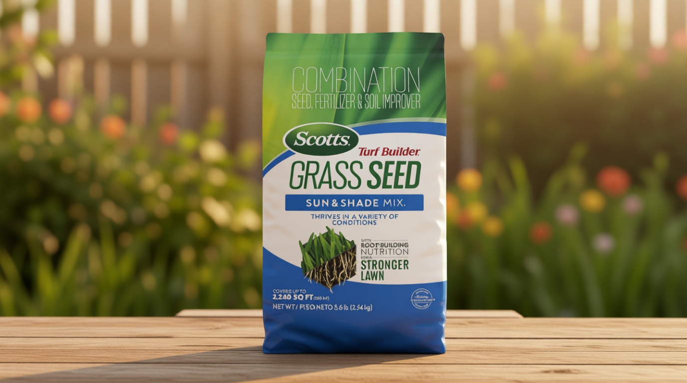 Scotts Turf Builder Grass Seed Sun and Shade Mix - Grass Seed Plus Lawn Fertilizer and Soil Improver, Covers Up to 2,240 sq. ft., 5.6 lb.