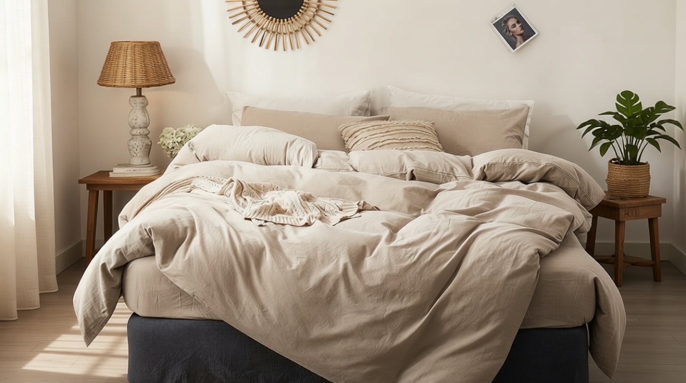 MooMee Bedding Duvet Cover Set 100% Washed Cotton Linen Like Textured Breathable Durable Soft Comfy (Heathered Tannish Linen Grey, Queen 90"x90")