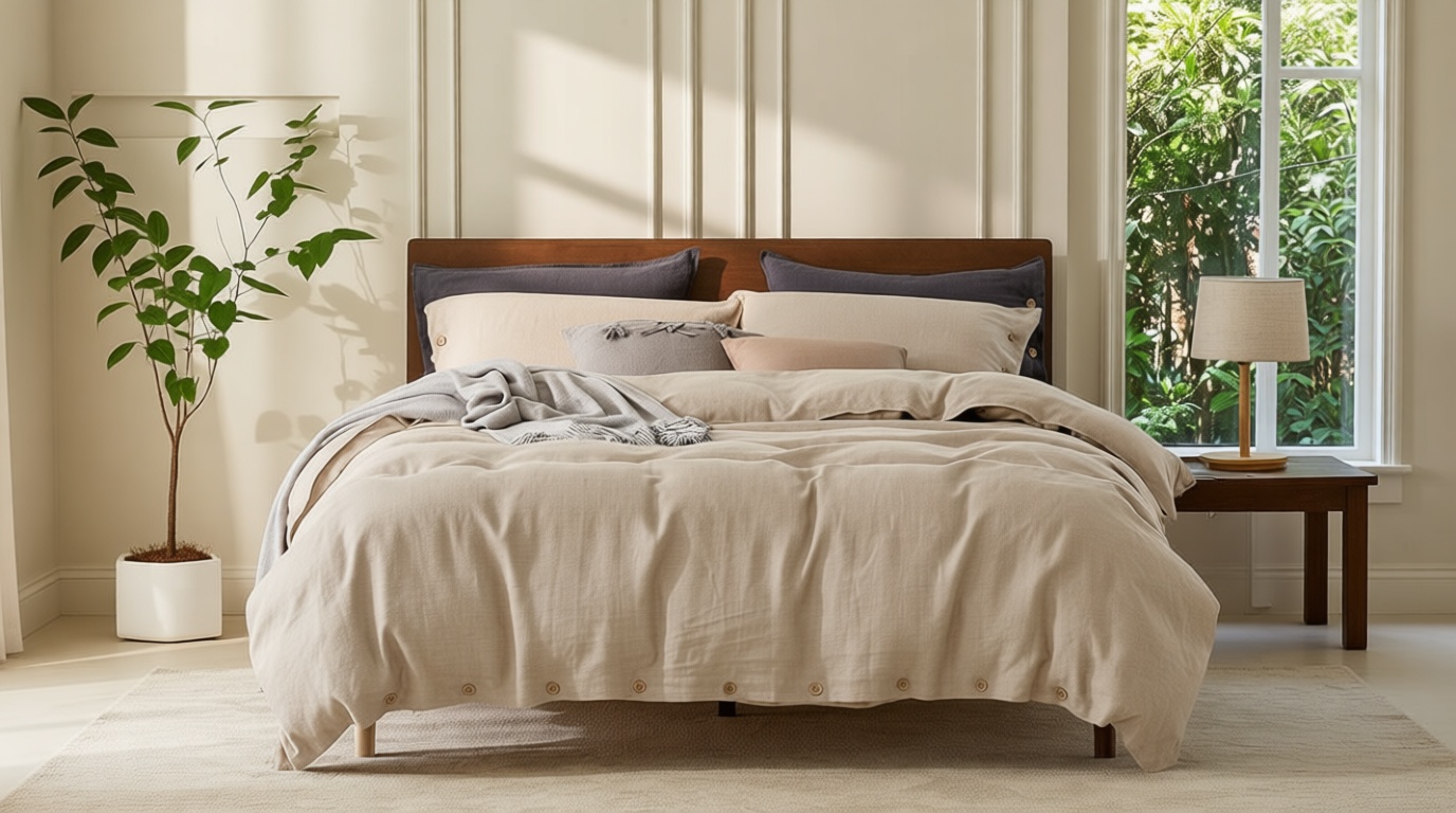 EVERLY 100% Pure Linen Duvet Cover Set Queen Size90X90Inch 3pcs (1 Duvet Cover,2 Pillowcases) Soft and Breathable for All Season with Coconut Button Closure, Suitable for Hot Sleepers-Linen-Queen OEKO-TEX STANDARD 100