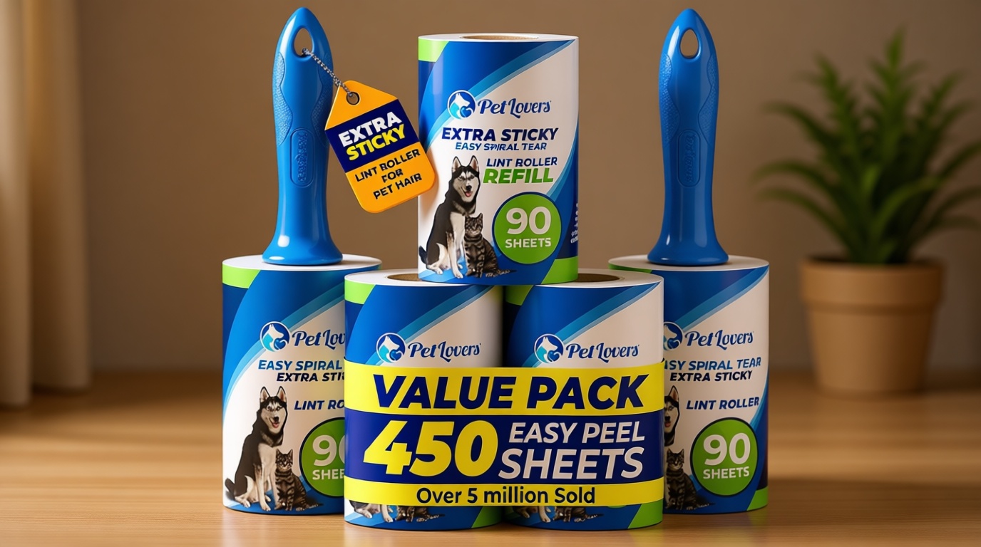 PetLovers Extra Sticky Lint Roller Mega Value Set 450 Sheets for Pet Hair Removal and Clothes, Dog and Cat Lint Remover 5 Pack