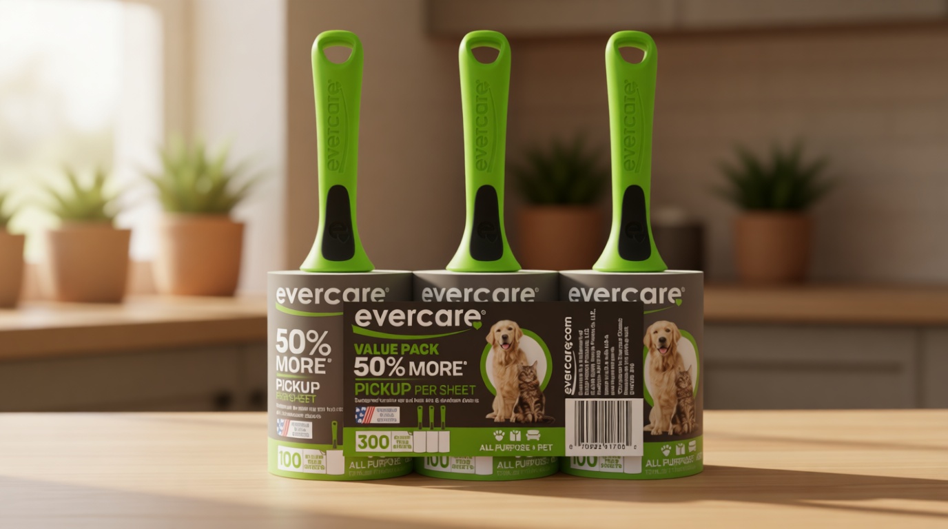 Evercare Pet Hair Lint Rollers All Purpose Use 100 Easy-Tear Sheets Per Roll Reusable Sticky Roller Pets Cat & Dog Hair Remover Contoured Handle For Furniture Clothing & Cars, Set of 3, Green