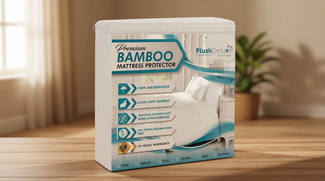 PlushDeluxe Premium Bamboo Mattress Protector – Queen Size, Waterproof, & Ultra Soft Breathable Noiseless Washable Bed Mattress Cover for Comfort & Protection - White OEKO-TEX STANDARD 100