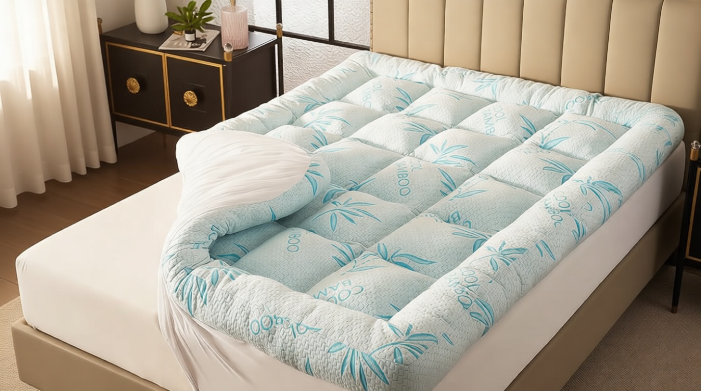 WhatsBedding 5 Inch Queen Mattress Topper Breathable Bamboo Viscose Air Layer,Memory Foam Mattress Topper Queen Size Blue.