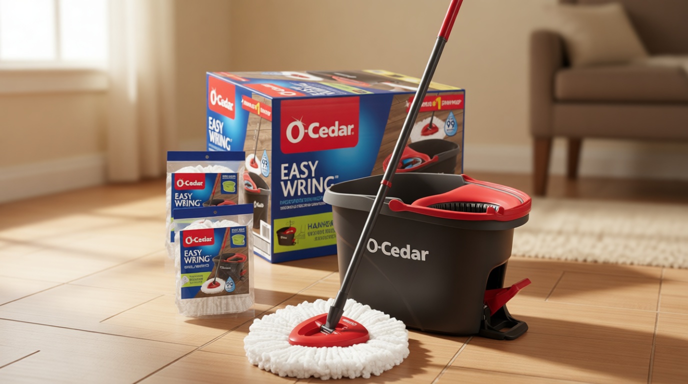 O-Cedar EasyWring Microfiber Spin Mop & Bucket Floor Cleaning System + 2 Extra Refills, Red/Gray