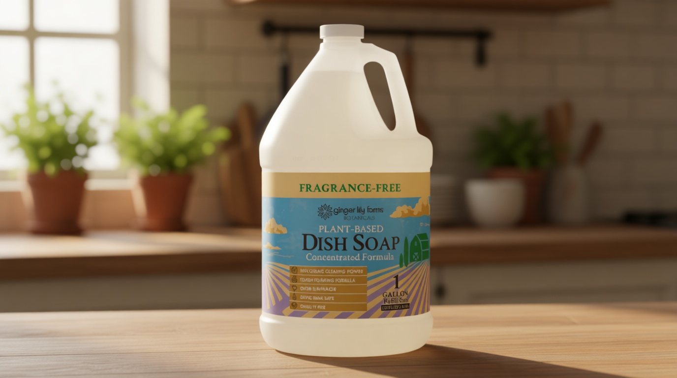 Ginger Lily Farms Botanicals Plant-Based Liquid Dish Soap, Concentrated Formula with Max Grease Cleaning Power, Cruelty-Free, Fragrance-Free, 1 Gallon Refill (128 Fl. Oz.), Clear