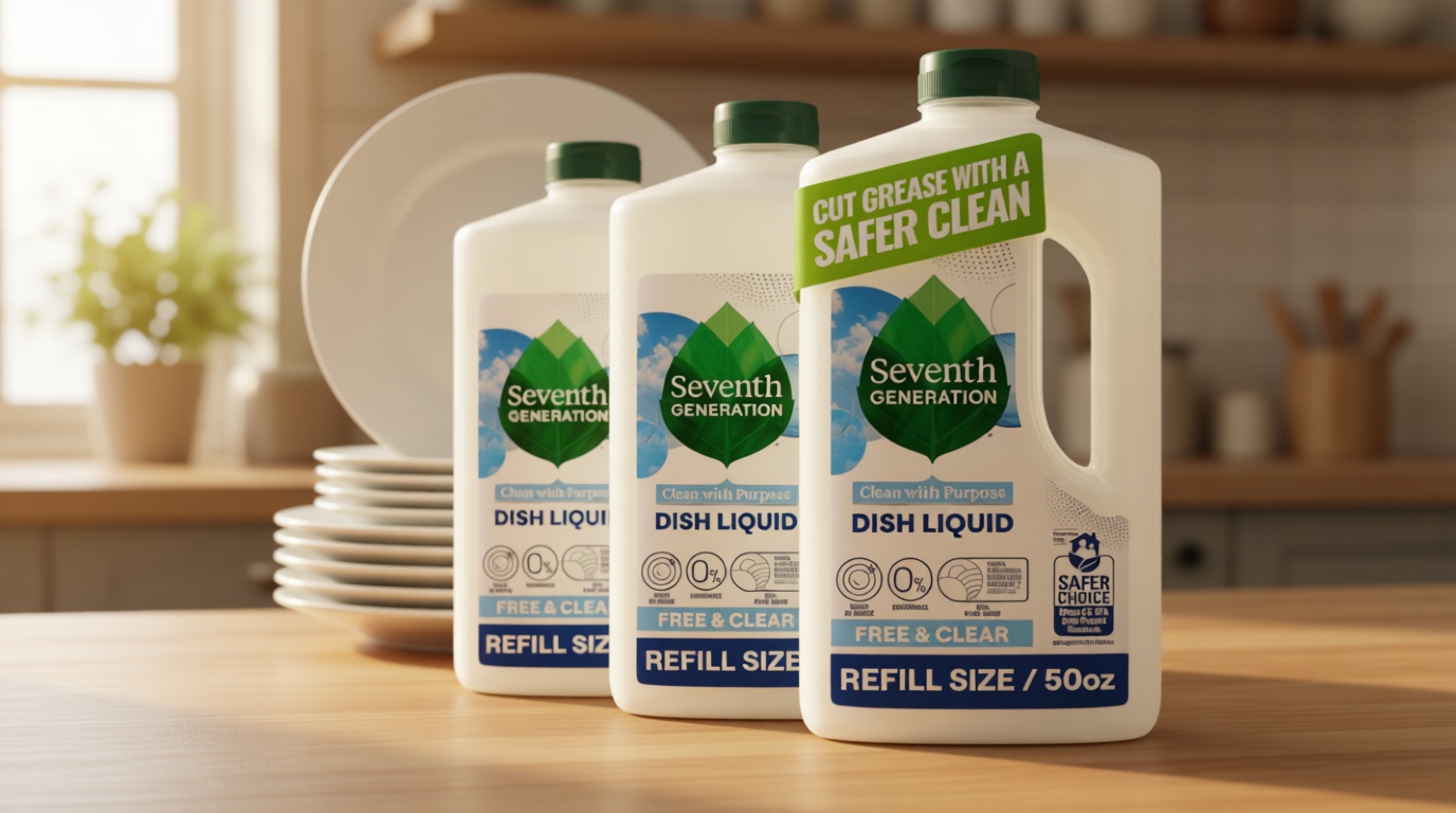Seventh Generation Dish Soap Refill, Free & Clear, 50 fl oz, 3 Pack, Plant-Based Dishwashing Liquid for Grease & Tough Food Messes, For Sensitive Skin U.S. EPA Safer Choice