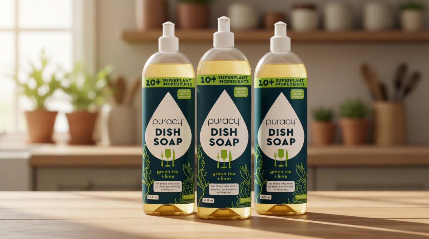 Puracy Natural Dish Soap Packs- Skin-Softening Plant-Based Dishwashing Soap, Non-Toxic Dish Soap, Organic Liquid Dishwashing Detergent Soap (Green Tea & Lime, 16 fl oz, 3 Pack)