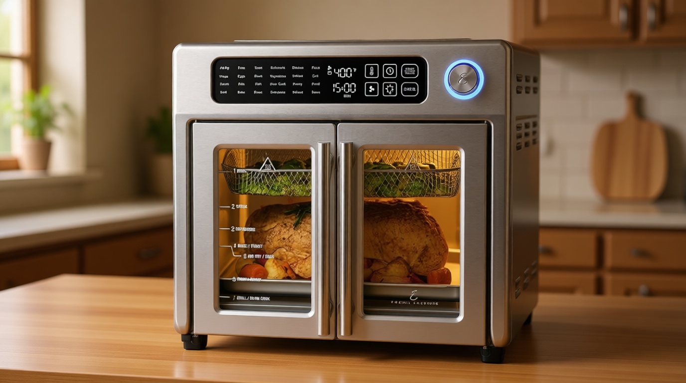 Emeril Lagasse Extra Large French Door Air Fryer Toaster Oven Combo, 24 Cooking Functions and Digital Controls, 7 Accessories Included, Stainless Steel Finish, 26QT Capacity