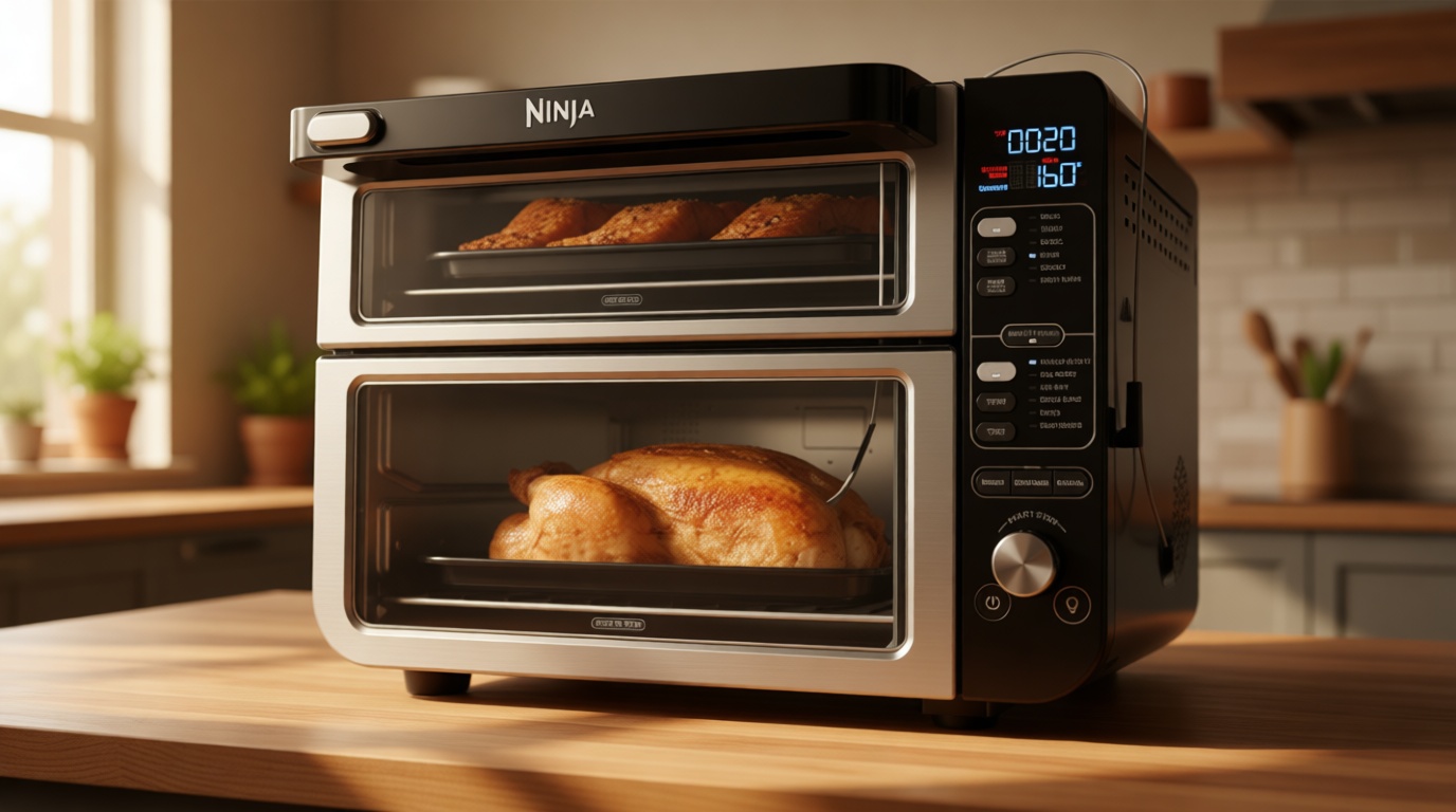 Ninja DCT451 12-in-1 Smart Double Oven with FlexDoor, Thermometer, FlavorSeal, Smart Finish, Rapid Top Convection and Air Fry Bottom , Stainless Steel