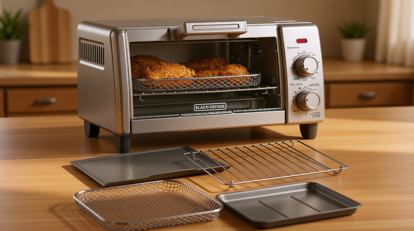 BLACK+DECKER Crisp 'N Bake Air Fry Countertop Convection Toaster Oven, Medium Capacity, 4-Slice, 5-in-1, Fits 9” Pizza, 30-Min Timer, Bake, Broil, Air Fry, Toast, Keep Warm, Stainless Steel