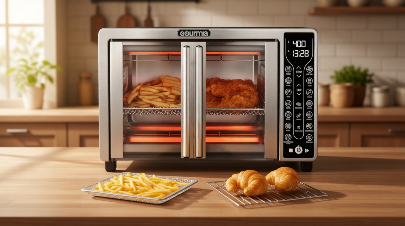Gourmia French Door Air Fryer – 25 Qt Large Capacity Convection Oven, Fryfroce 360°, Digital Display with 17 Cooking Presets, Bake, Toast, Roast, Dehydrate, Fits 12” Pizza
