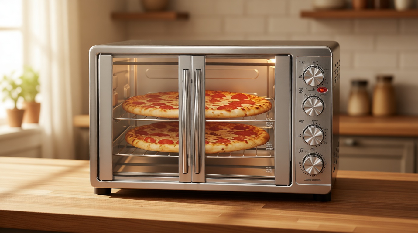 Elite Gourmet ETO-4510M French Door 47.5Qt, 18-Slice Convection Oven 4-Control Knobs, Bake Broil Toast Rotisserie Keep Warm, Includes 2 x 12" Pizza Racks, Stainless Steel