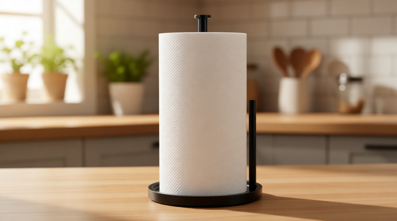 Paper Towel Holder Countertop, Standing Paper Roll Holder with Anti Slip Weighted Base, Stainless Steel Freestanding Paper Towel Holder for Kitchen, Black
