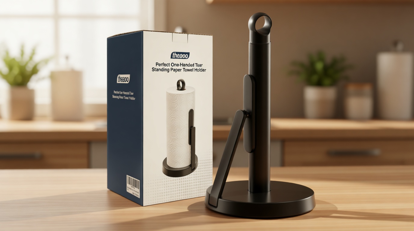 theaoo Heavy-Duty Stainless Steel Paper Towel Holder with Tension Arm – Easy One-Handed Tear, Modern Standing Countertop Dispenser for Kitchen, Holds All Paper Towel Rolls (1, Black)