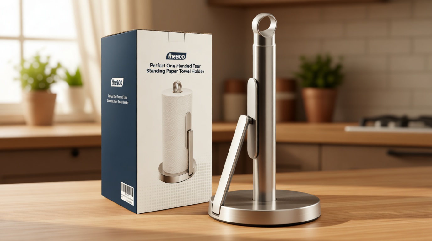 theaoo Heavy-Duty Stainless Steel Paper Towel Holder with Tension Arm – Easy One-Handed Tear, Modern Standing Countertop Dispenser for Kitchen, Holds All Paper Towel Rolls (1, Silver)