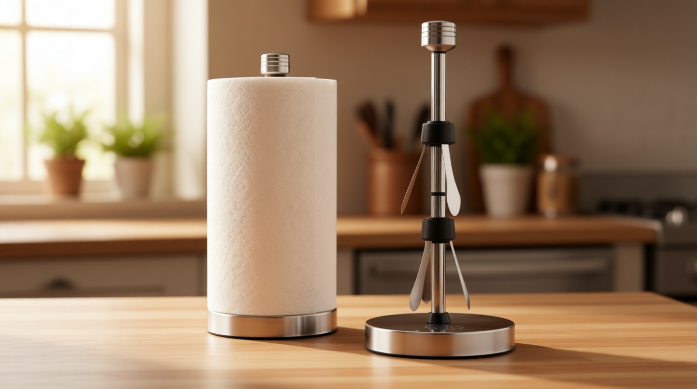 Heavy-Duty Stainless Steel Paper Towel Holder - Easy One-Handed Tear with Suction Cups - Modern Weighted Standing Countertop Dispenser for Kitchen - Holds All Paper Towel Rolls, Silver