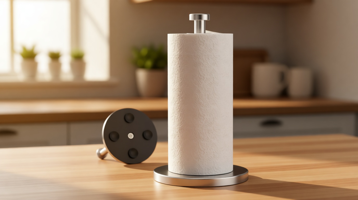 VEHHE Paper Towel Holder Countertop, Stainless Steel Paper Towel Holder Stand with Weighted Base Suction Cups, Standing Paper Towel Roll Holder for Kitchen Bathroom (Silver)