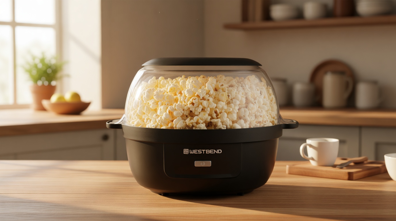 West Bend Stir Crazy Hot Oil Popcorn Popper, Popcorn Maker Machine with Large Serving Bowl Lid and Stirring Rod, 6 Qt, Black