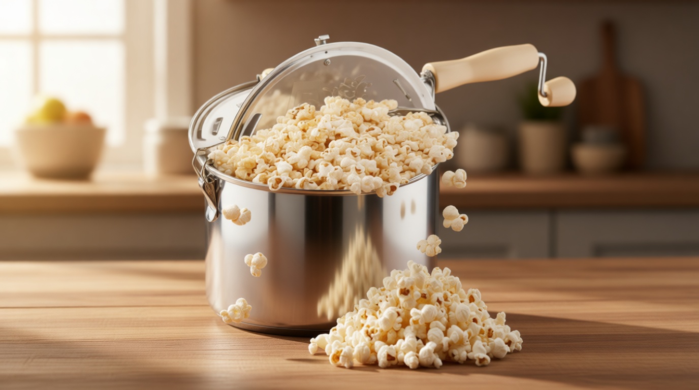 Stovetop Popcorn Maker - 6.5-Quart Stainless-Steel Popcorn Popper with a Hand Crank, Vented Lid, and Stir Paddle by Great Northern Popcorn (Silver)