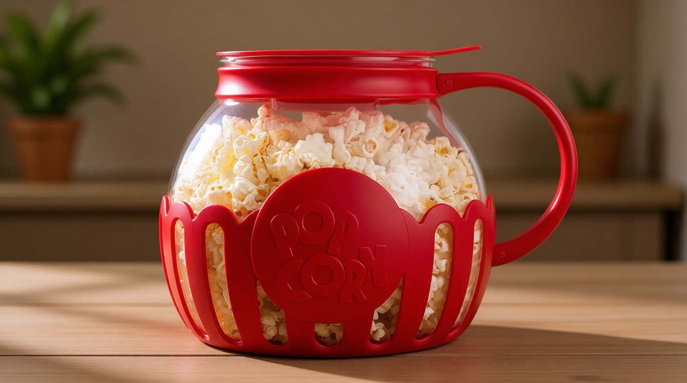 Ecolution Patented Micro-Pop Microwave Popcorn Popper with Temperature Safe Glass, 3-in-1 Lid Measures Kernels and Melts Butter, Made Without BPA, Dishwasher Safe, 3-Quart, Red
