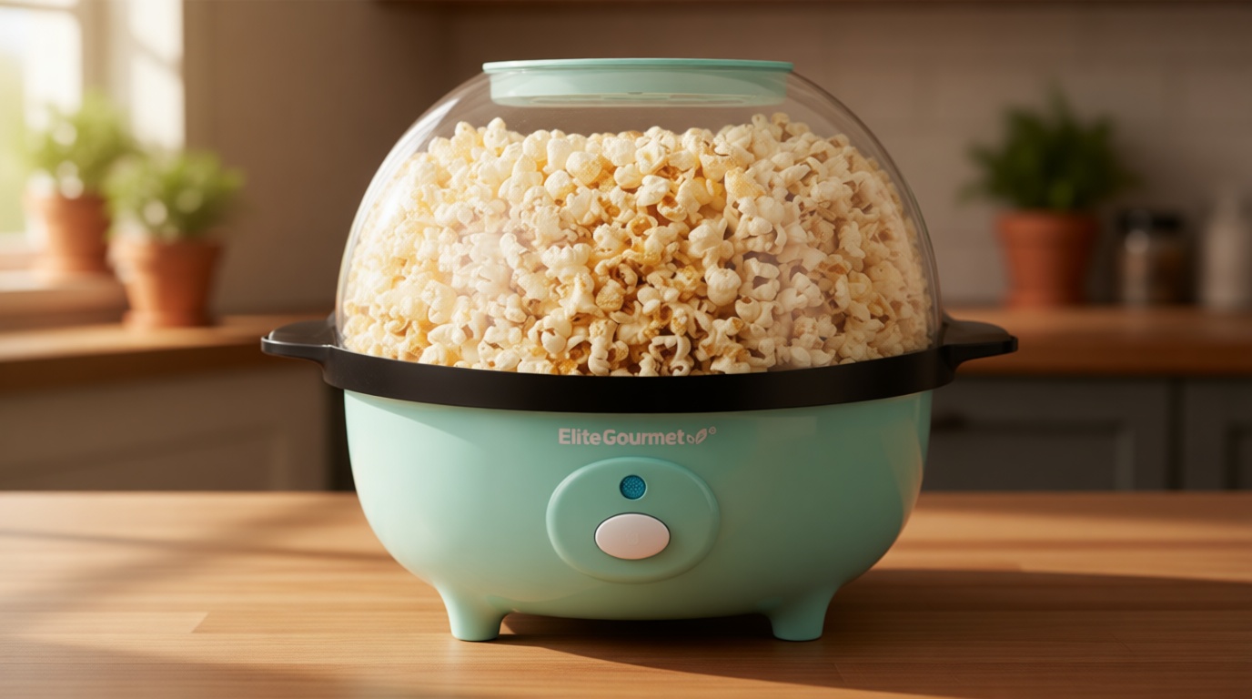 Elite Gourmet EPM330M Automatic Stirring 12-cup Popcorn Maker Popper, Hot Oil Popcorn Machine w/Measuring Cap & Built-in Reversible Serving Bowl, Great for Home Party Kids, Safety ETL Approved, Mint
