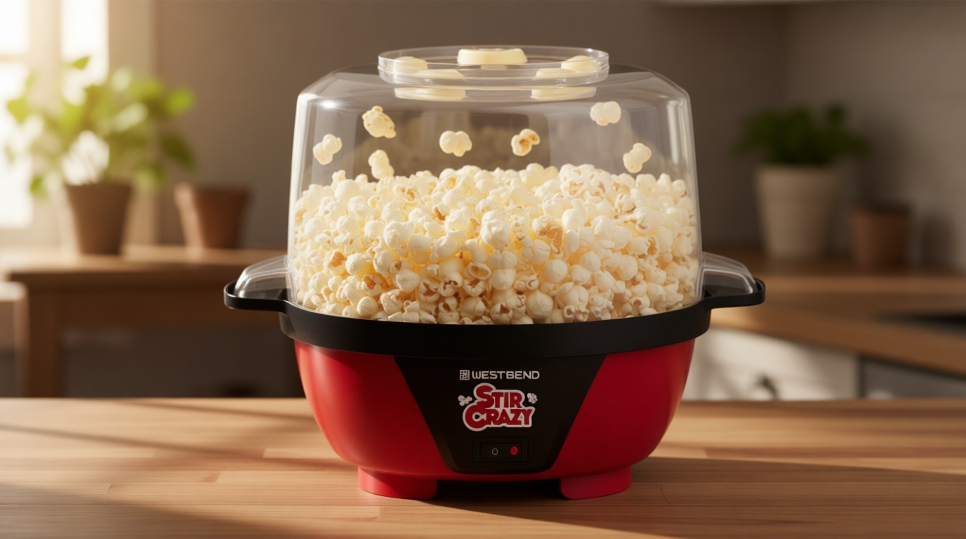 West Bend Stir Crazy Hot Oil Popcorn Popper, Popcorn Maker Machine with Large Serving Bowl Lid and Stirring Rod Perfect for Movie Night Snack Time or Parties, 6-Quart, Red